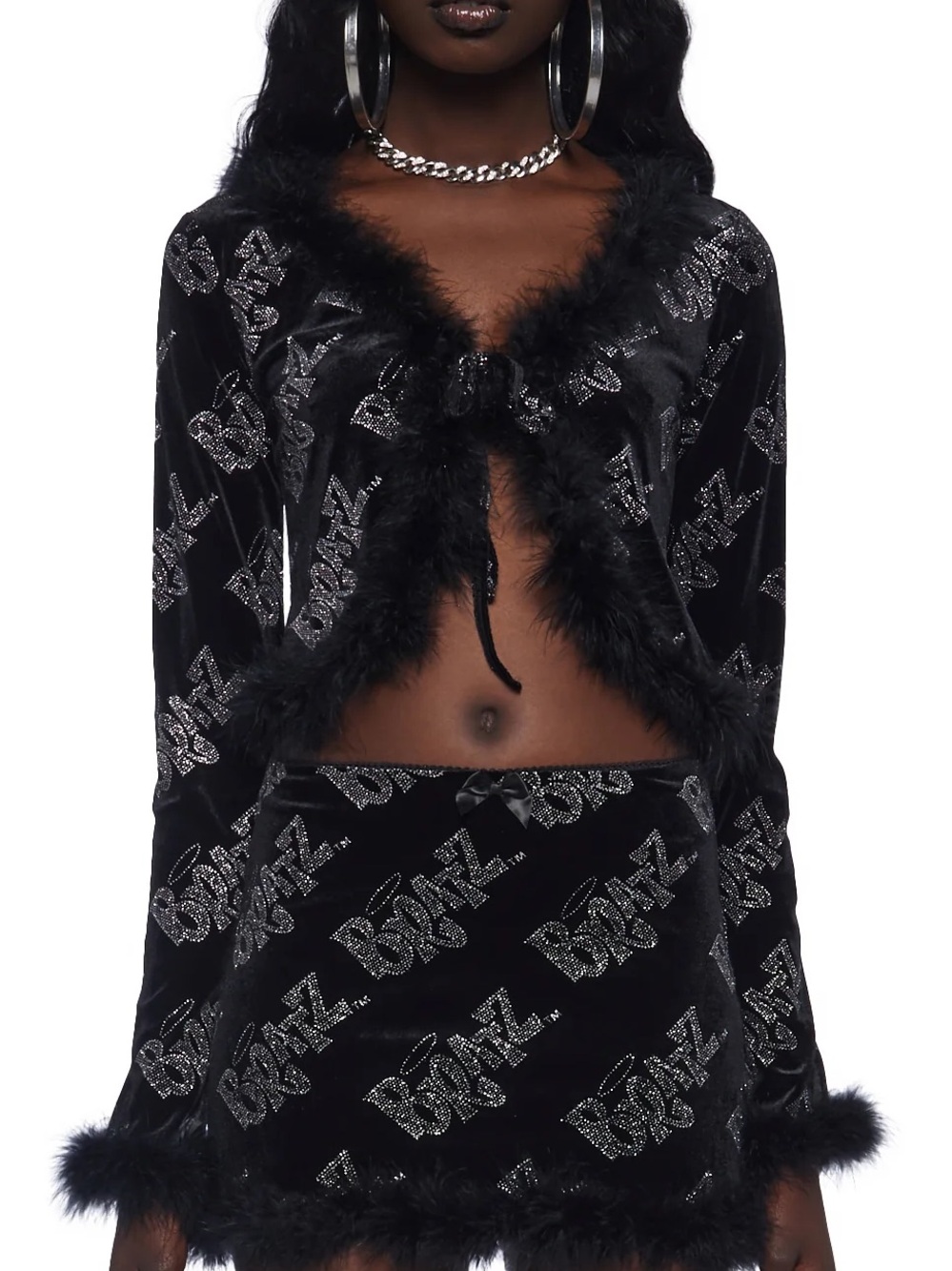 Bratz x Dollskill Black Velvet Feather Cardigan Top - Size XS